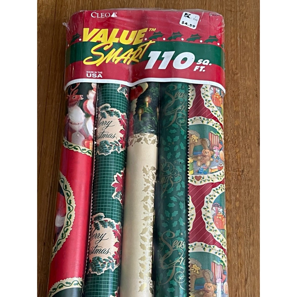 Vintage Cleo Christmas Gift Wrap 5 Rolls 110 Sq Ft NOS Wrapping Paper USA Santa